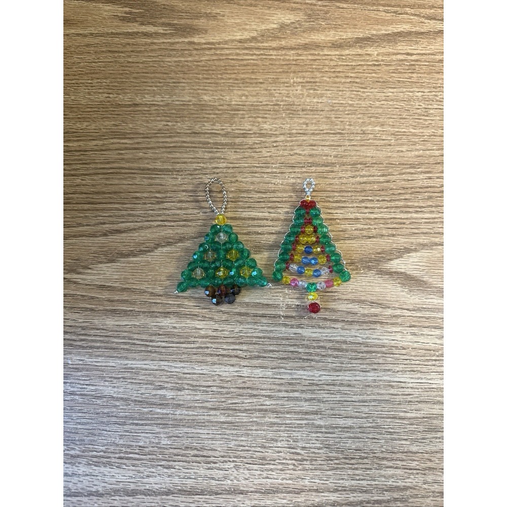 Lot of 2 Vintage Handmade Beaded Christmas Trees‎ Ornaments